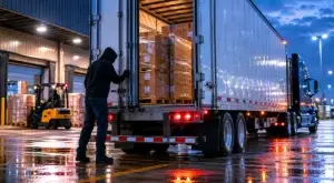 Shadowed figure near an open freight trailer in a dimly lit trucking yard representing cargo theft and fleet security risks.
