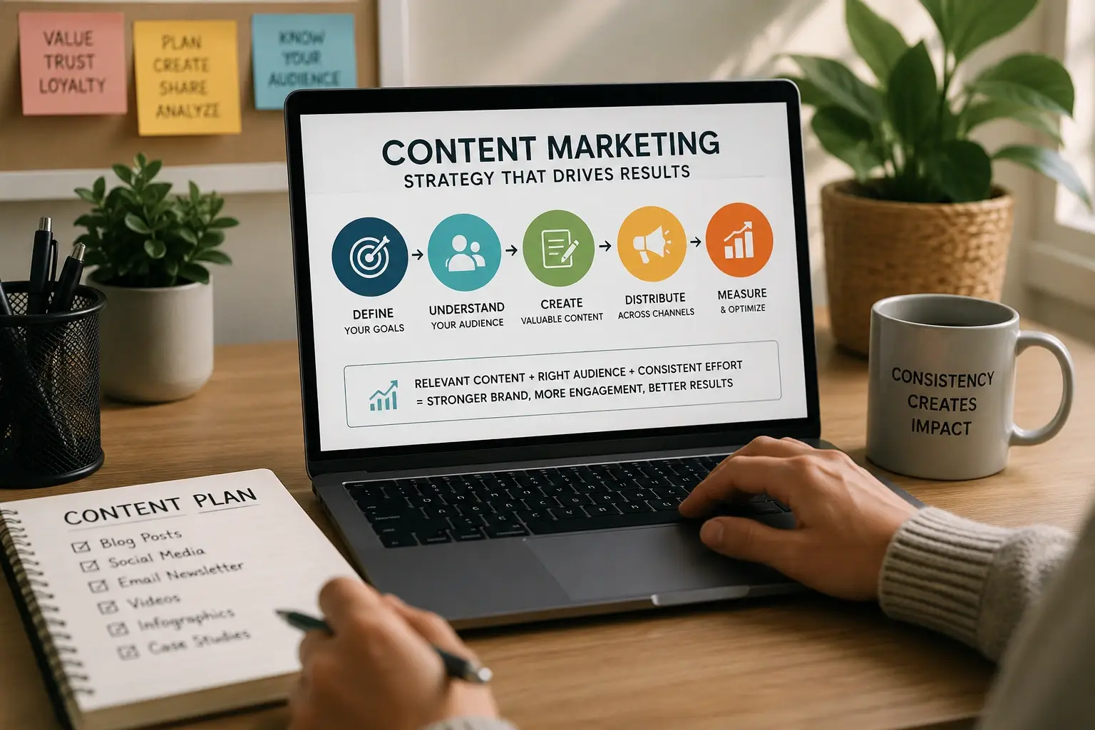 Professional content marketing strategy workspace with laptop displaying digital marketing planning process, audience targeting, content creation, and performance optimization steps.