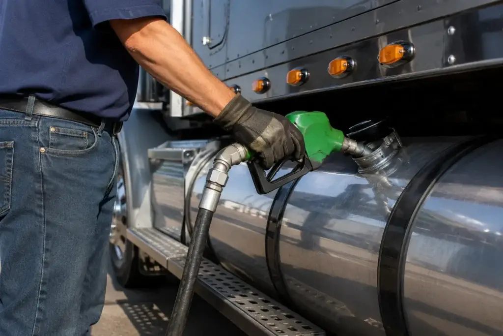 diesel mechanic inspecting fuel system components on a heavy-duty semi truck engine in a fleet maintenance shop
