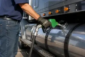 diesel mechanic inspecting fuel system components on a heavy-duty semi truck engine in a fleet maintenance shop