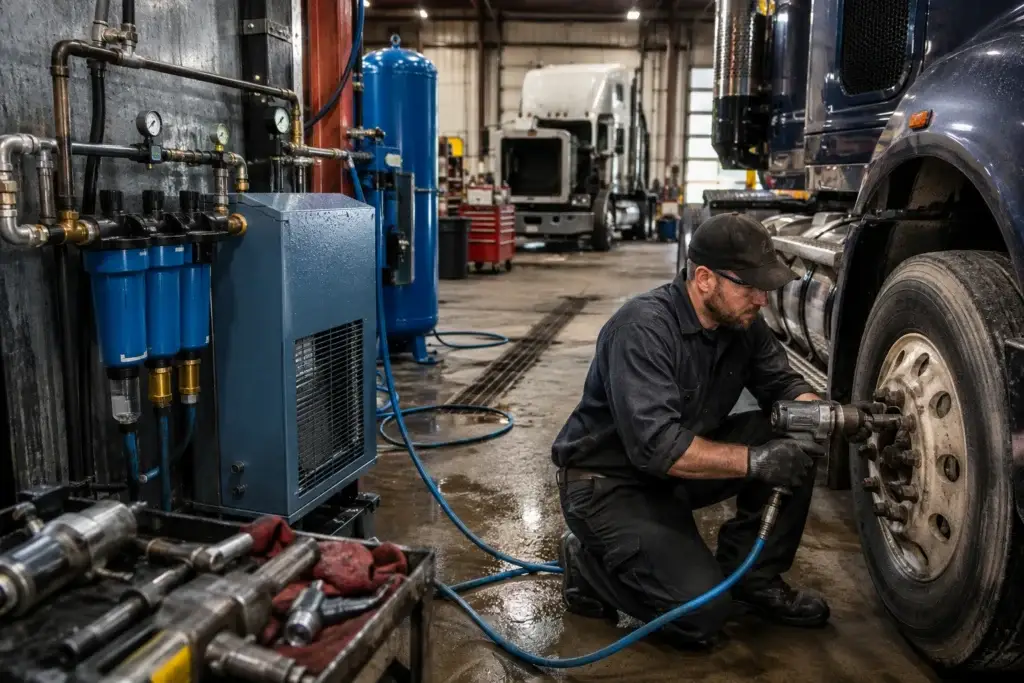Diesel technician using a pneumatic impact wrench inside a heavy-duty truck repair shop with compressed air filtration and dryer system visible in the service bay.