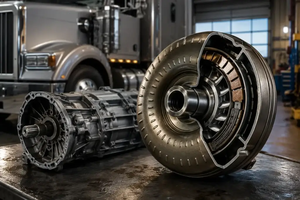 Heavy-duty truck torque converter and Allison automatic transmission components on a shop workbench inside a commercial diesel repair facility.