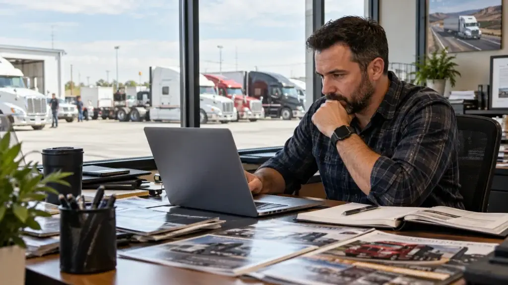 Trucking industry publisher reviewing guest post opportunities and editorial content strategy from an office overlooking a commercial truck fleet.