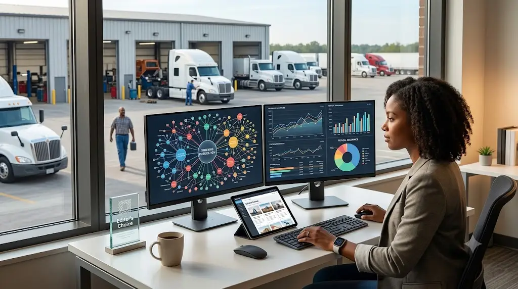 A digital marketer analyzing backlink metrics and topical relevance charts on dual monitors in an office overlooking a commercial truck fleet yard.