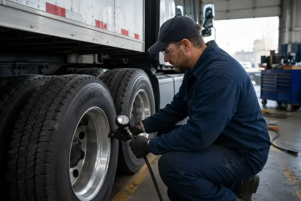 Diesel technician checking tire pressure on commercial truck dual tires during a fleet maintenance inspection