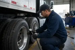 Diesel technician checking tire pressure on commercial truck dual tires during a fleet maintenance inspection
