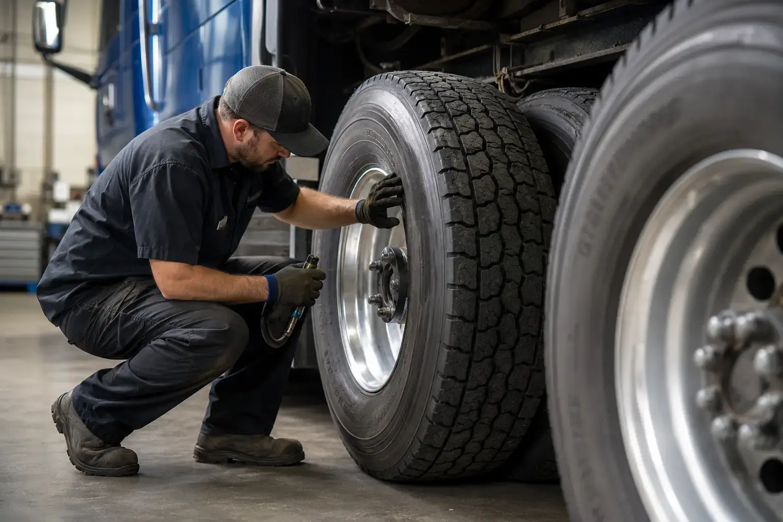 Mechanic inspecting commercial truck tires in a repair shop as part of a fleet tire management and maintenance program.