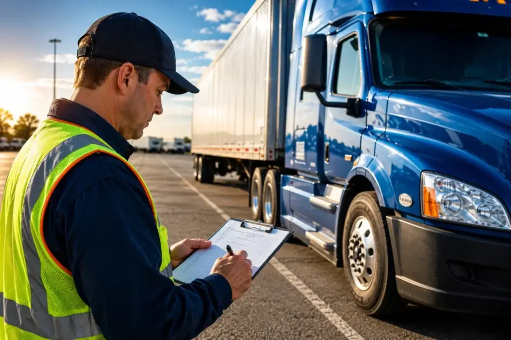 Fleet safety manager reviewing trucking compliance and safety performance data with a North American semi-truck, roadside inspection activity, and fleet safety monitoring dashboard in the background.