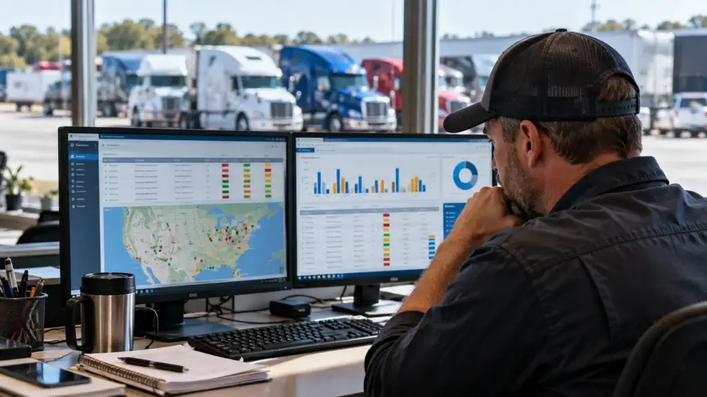 Fleet manager reviewing CSA safety scores, inspection data, and compliance trends on dual monitors with commercial trucks visible outside.