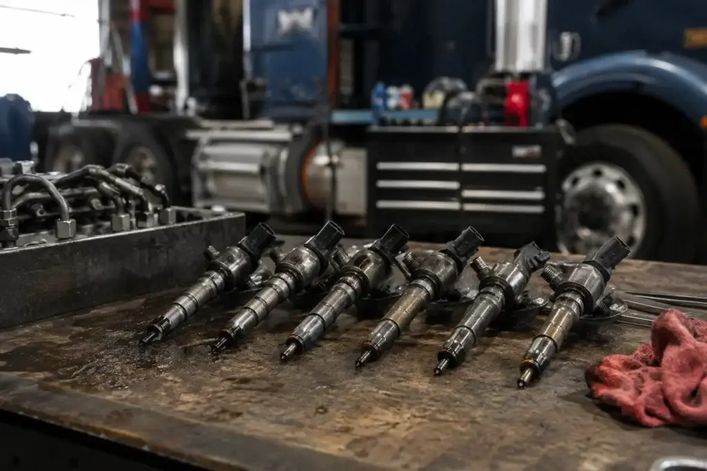 Close-up of diesel fuel injectors on a workbench inside a heavy-duty truck repair shop, with a Class 8 semi-truck and service equipment visible in the background.
