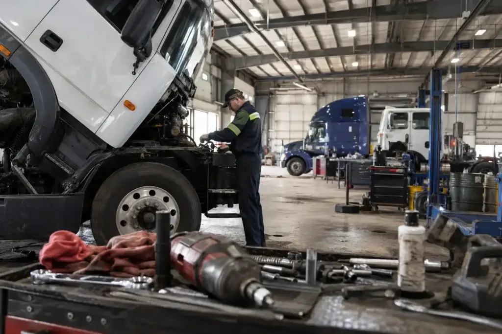 Diesel technician working on a semi-truck inside a heavy-duty repair shop with tools and service bays in the background.