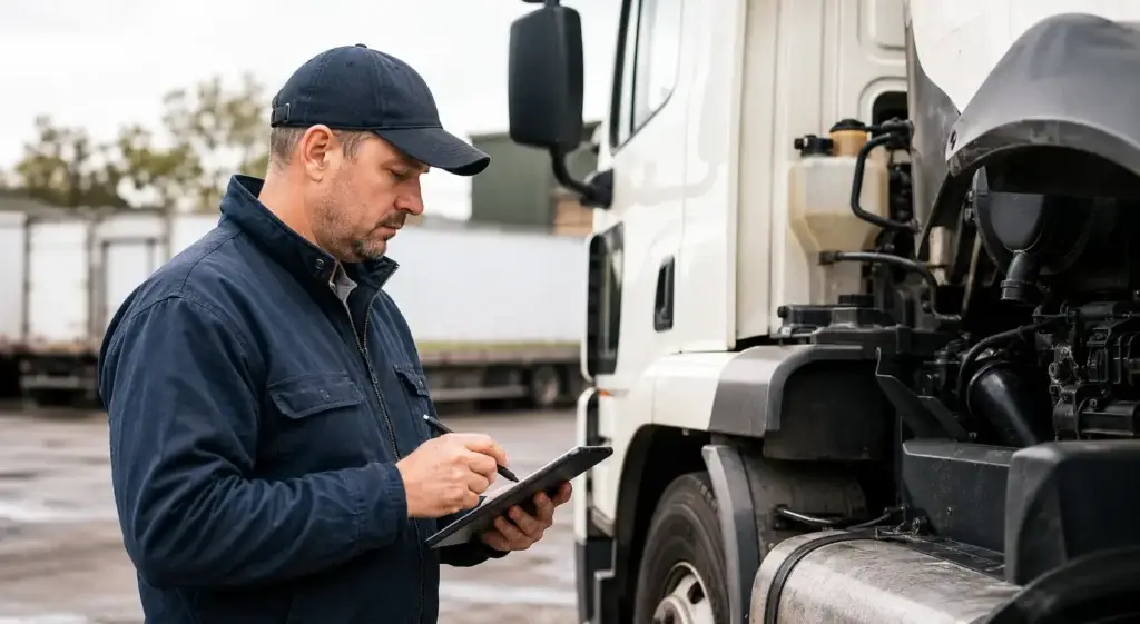 Commercial truck driver completing a digital vehicle inspection report on a tablet during a pre-trip safety inspection of a semi truck