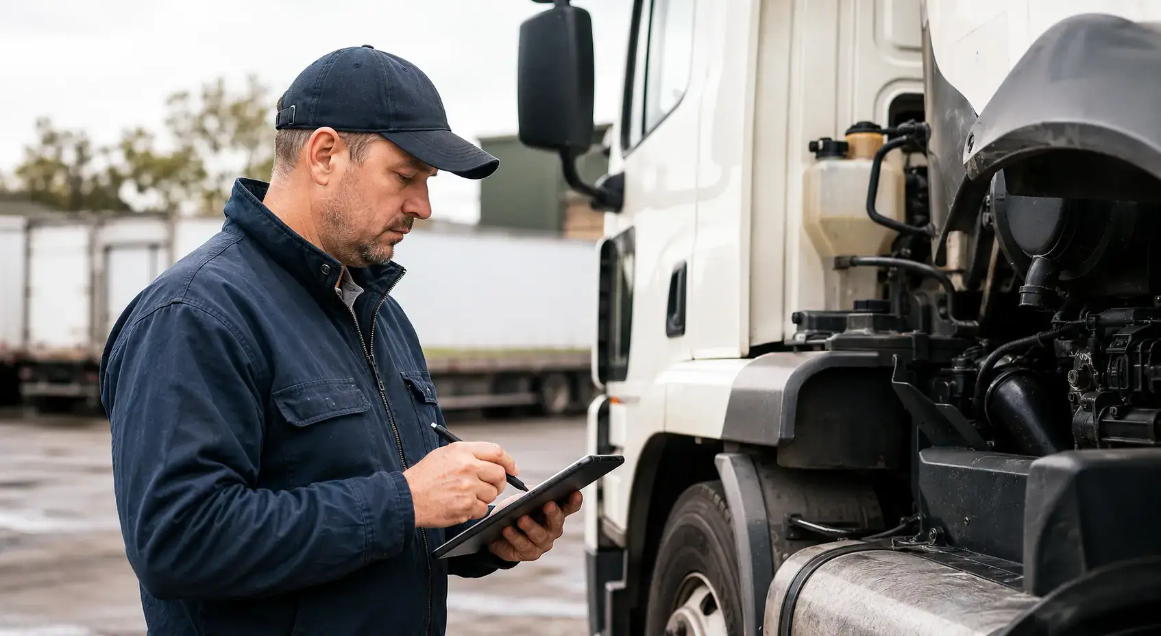 Commercial truck driver completing a digital vehicle inspection report on a tablet during a pre-trip safety inspection of a semi truck