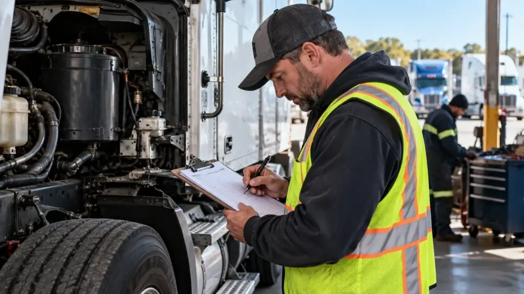 Commercial truck driver completing a DVIR inspection report while checking heavy-duty truck components in a fleet maintenance yard.