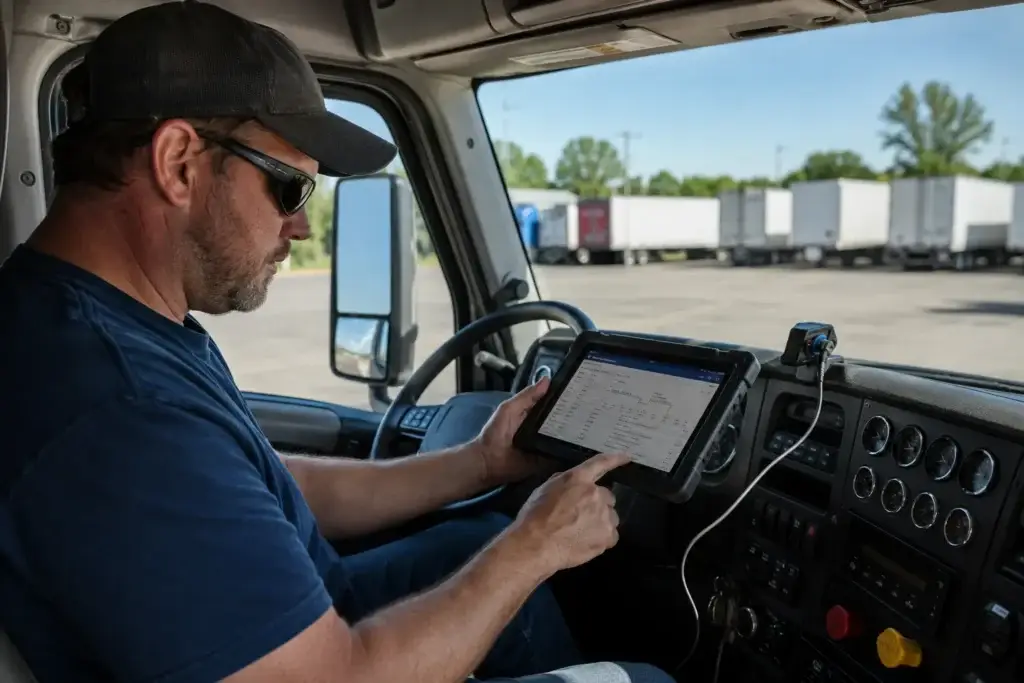 Truck driver reviewing ELD logs on a tablet inside a commercial truck cab at a freight yard.