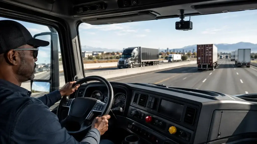 Truck driver inside a modern semi-truck cab with a dash camera mounted on the windshield, driving on a multi-lane highway surrounded by commercial trucks.