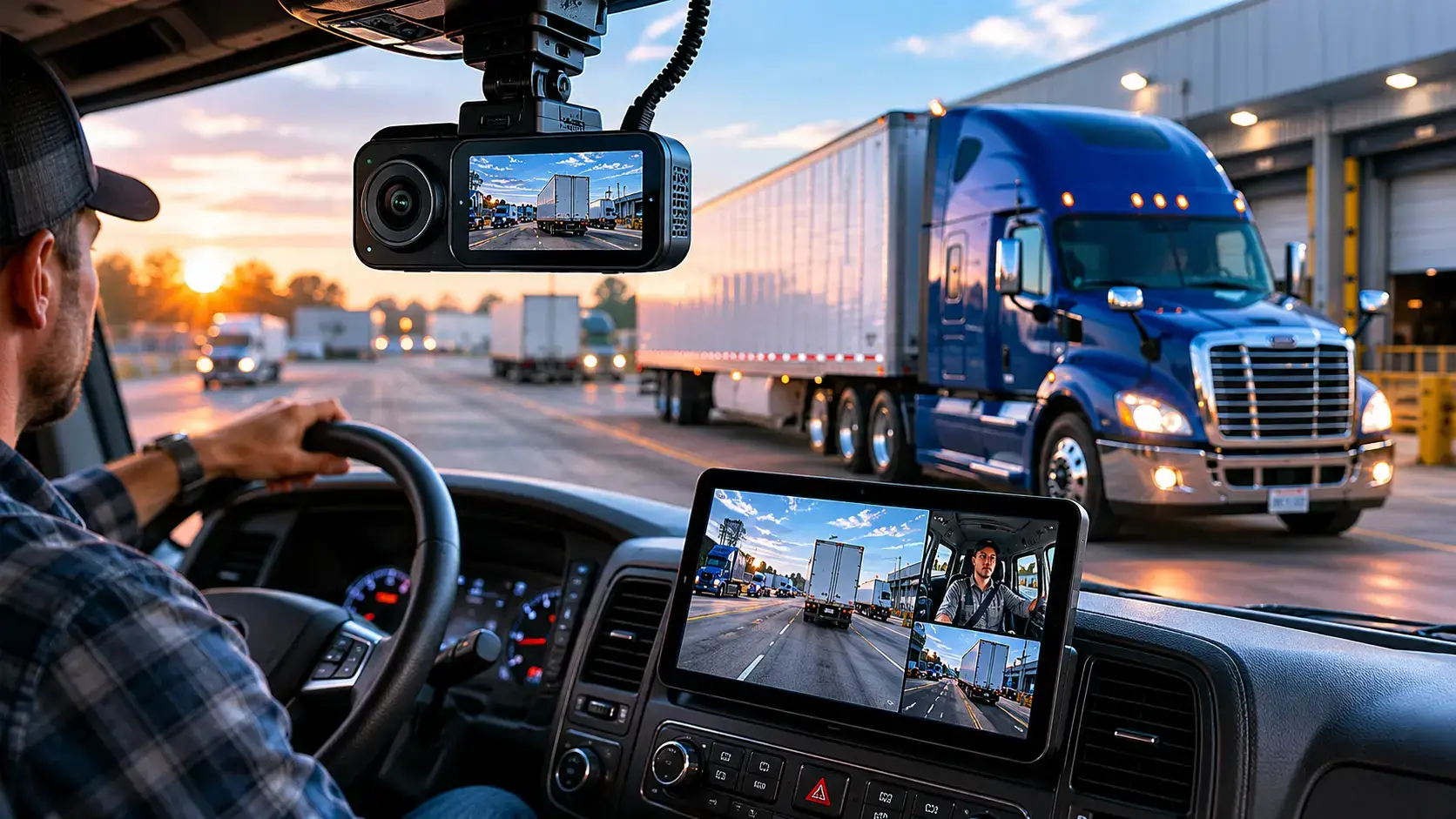 Fleet truck with windshield dashcam parked at a warehouse loading area during evening safety operations.
