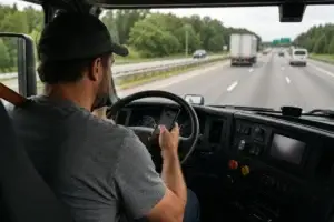 Commercial truck driver looking at a smartphone inside the cab while driving on a highway, illustrating distracted driving risk in fleet safety.