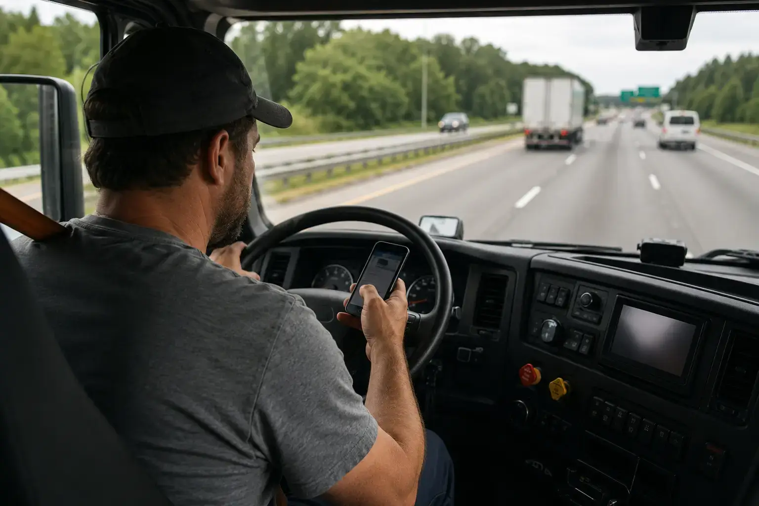 Commercial truck driver looking at a smartphone inside the cab while driving on a highway, illustrating distracted driving risk in fleet safety.