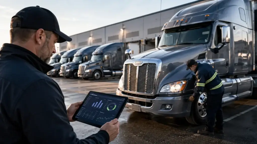 Fleet safety manager reviewing driver performance data while a CDL driver performs a pre-trip inspection on a commercial semi-truck at a fleet terminal.