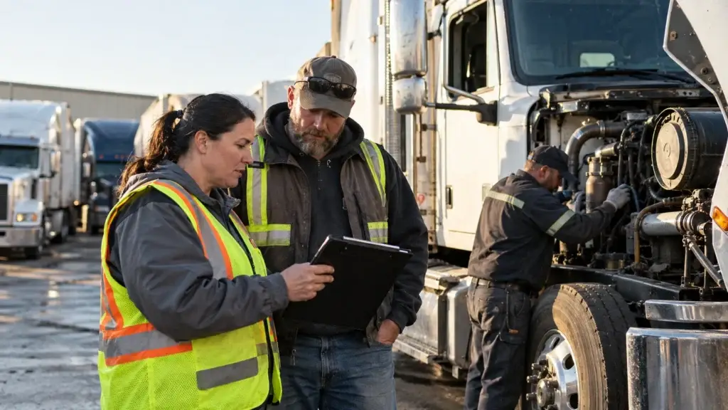 Fleet safety manager reviewing inspection and compliance documentation with a commercial truck driver while a technician works on a Class 8 truck in the yard.