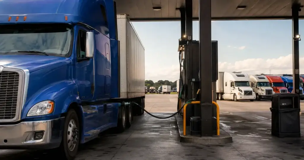 North American semi-truck fueling at a commercial truck stop with multiple tractors parked in the background, representing fleet fuel card programs, fuel savings strategies, and trucking fleet cost management.