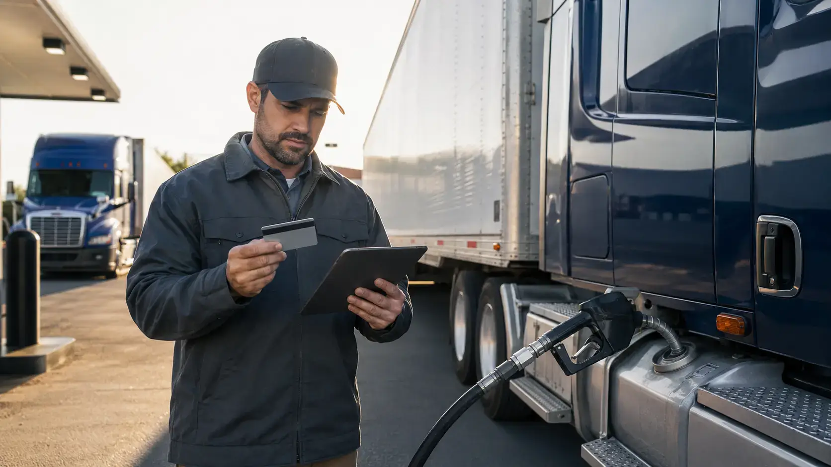 Fleet driver reviewing a fuel card and tablet while fueling a blue semi-truck at a commercial truck stop.
