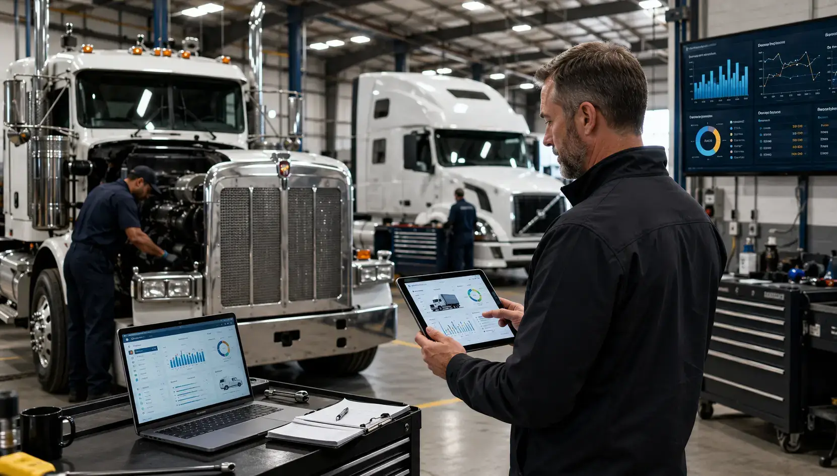 Fleet manager reviewing maintenance analytics on a tablet inside a modern truck service facility while technicians perform preventive maintenance on North American Class 8 semi-trucks to reduce fleet operating costs and improve vehicle uptime.