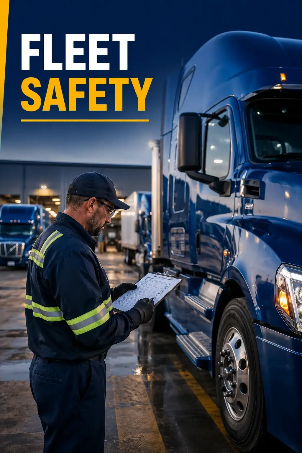 Fleet safety inspector conducting a commercial truck safety inspection with a checklist beside a Class 8 semi-truck at a fleet terminal, representing driver safety, compliance, and risk management.