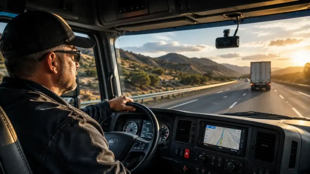 Professional truck driver operating a modern North American semi-truck equipped with GPS navigation, dash camera, and advanced telematics technology while traveling on a highway at sunset, illustrating fleet management, ELD compliance, driver safety monitoring, and connected fleet operations.