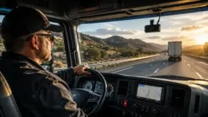 Professional truck driver operating a modern North American semi-truck equipped with GPS navigation, dash camera, and advanced telematics technology while traveling on a highway at sunset, illustrating fleet management, ELD compliance, driver safety monitoring, and connected fleet operations.