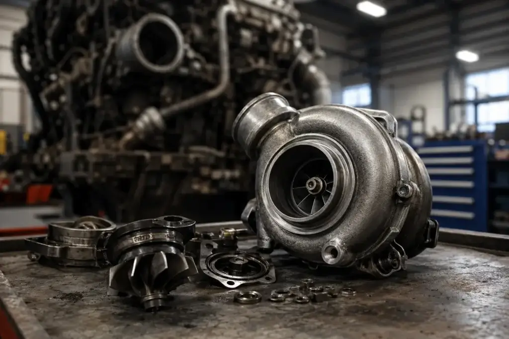 Heavy-duty diesel turbocharger removed from a commercial truck engine and inspected on a workbench in a professional repair shop during turbocharger failure diagnosis.
