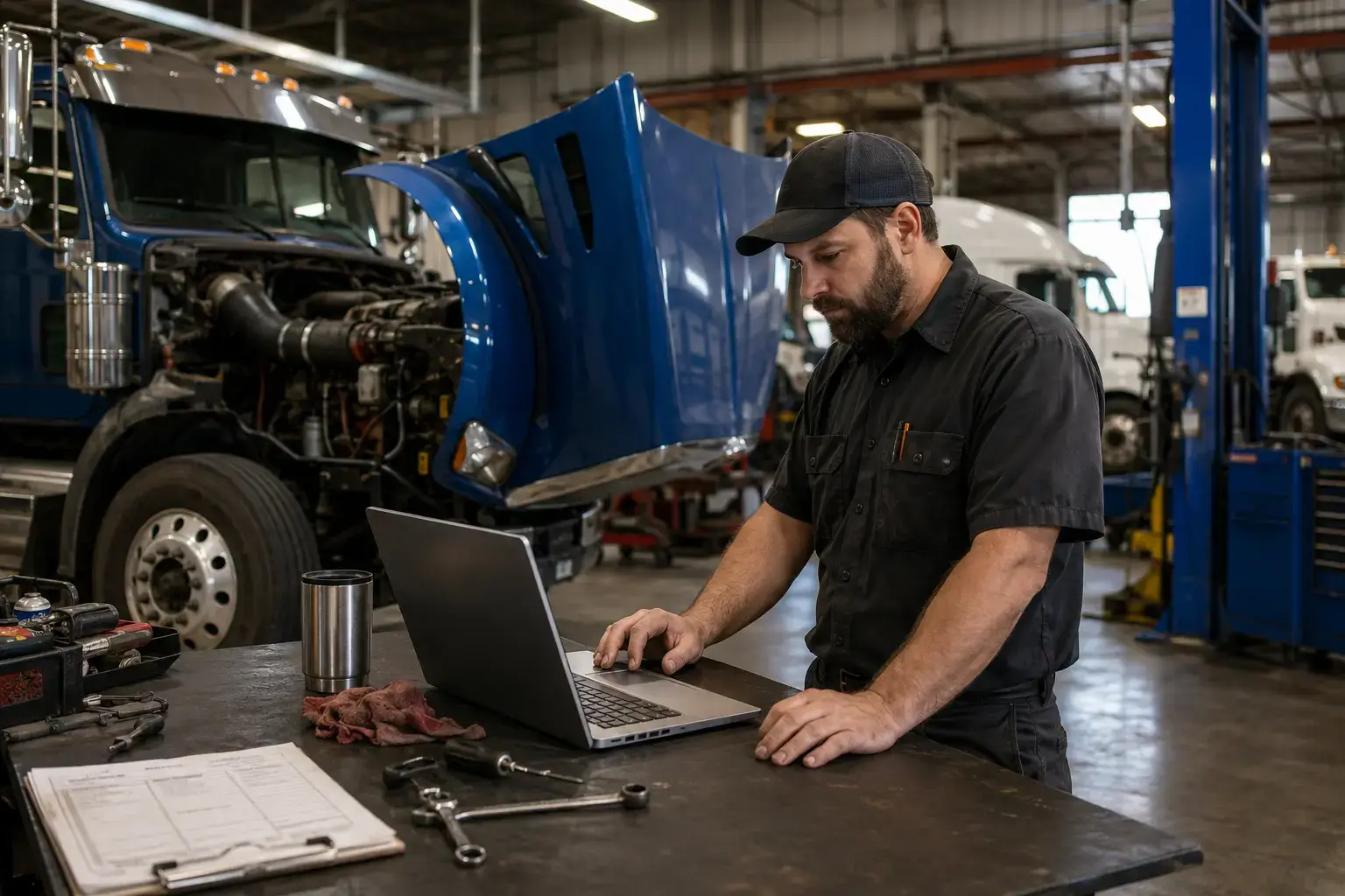 Diesel mechanic using shop management software on a laptop beside a heavy-duty truck being repaired inside a professional service bay.