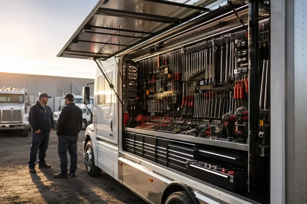 Realistic mobile tool truck opened at a diesel shop yard with organized mechanic tools displayed inside while technicians talk nearby.