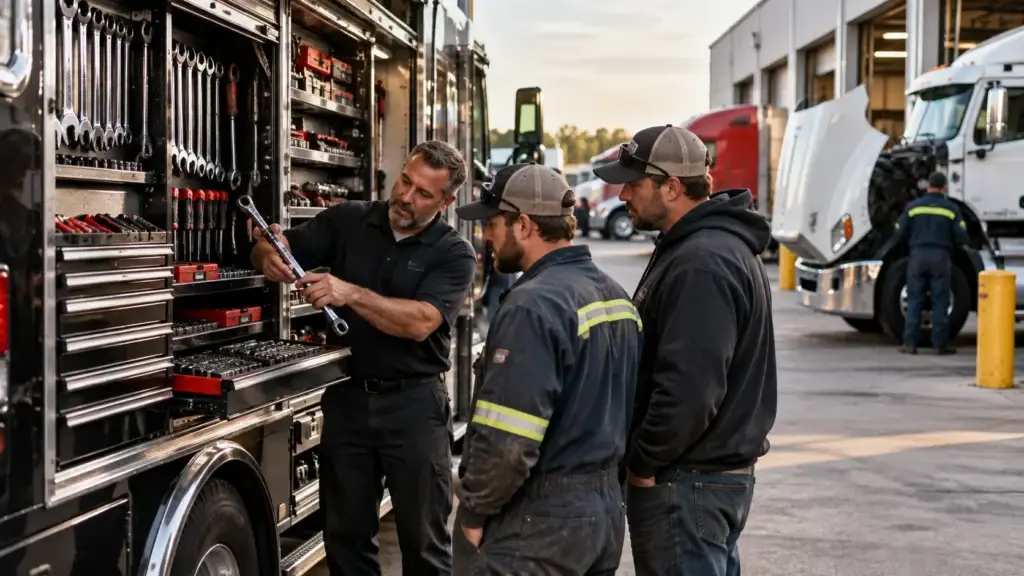 Heavy-duty diesel technicians comparing professional hand tools beside a fully stocked mobile tool truck at a commercial truck repair facility.