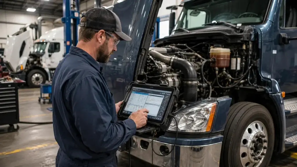 Diesel technician performing transmission diagnostics on a Class 8 semi-truck in a commercial fleet maintenance shop while troubleshooting torque converter and automatic transmission performance issues.
