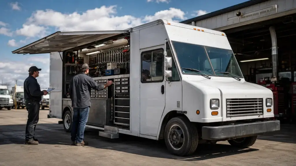 Used white tool truck with open side display being inspected by two mechanics outside a commercial diesel repair shop.