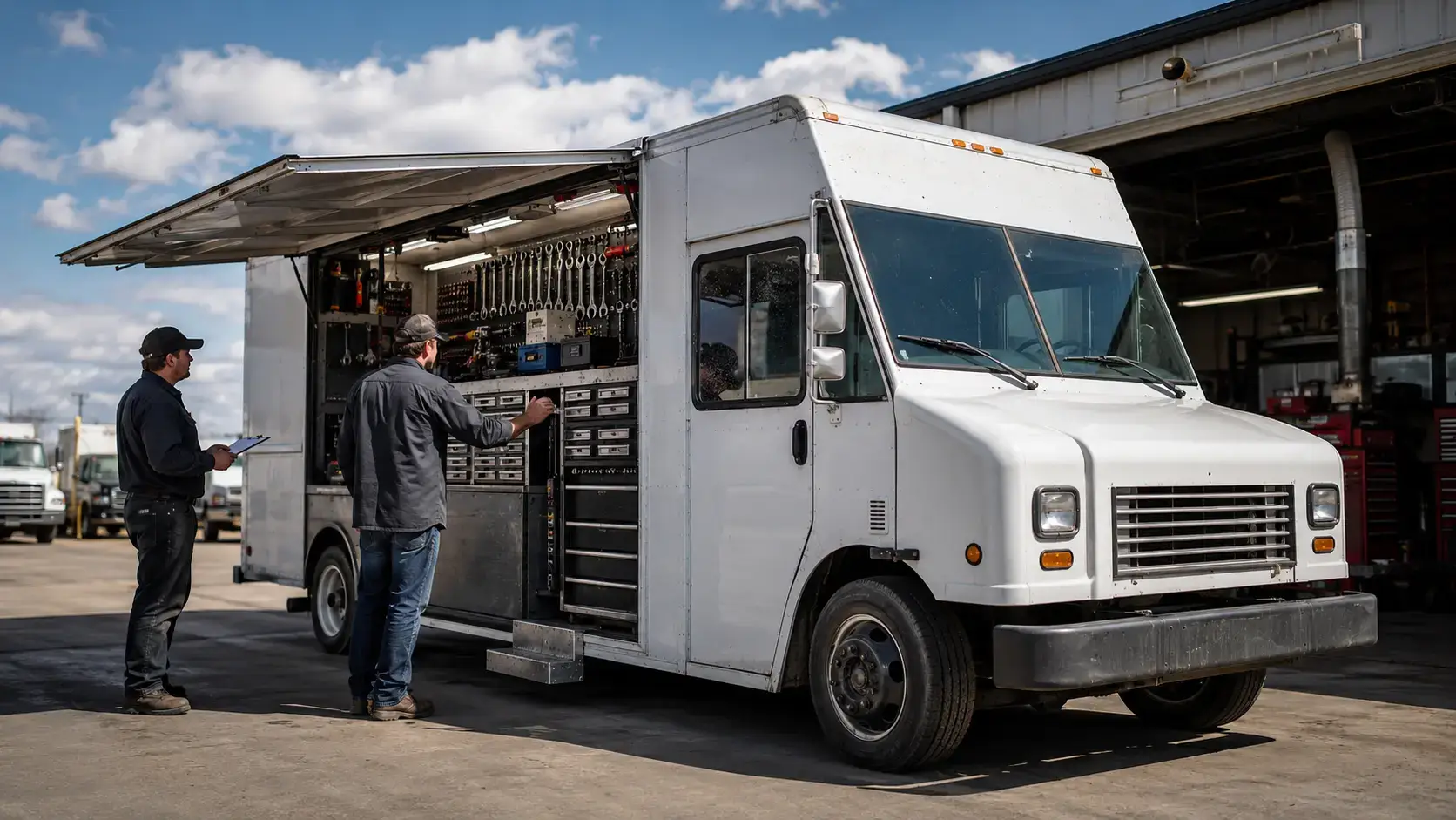 Used white tool truck with open side display being inspected by two mechanics outside a commercial diesel repair shop.