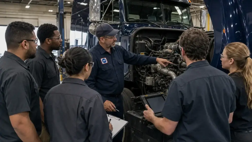 ASE-certified diesel technician using a diagnostic tablet while inspecting a heavy-duty truck engine.