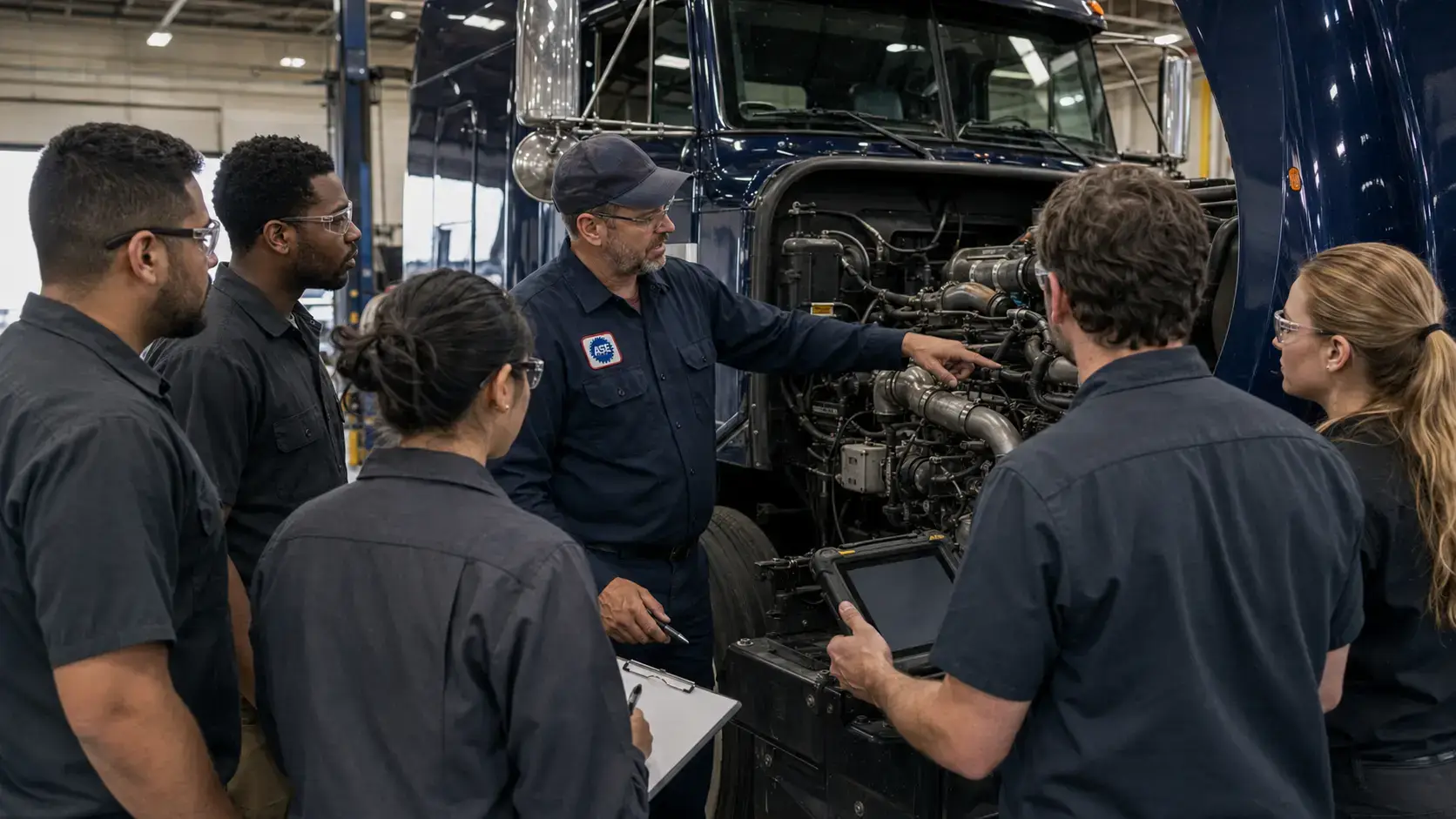 ASE-certified diesel technician using a diagnostic tablet while inspecting a heavy-duty truck engine.