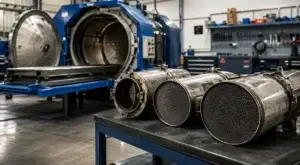 Professional diesel shop with multiple diesel particulate filters (DPFs) on a workbench beside commercial DPF cleaning equipment, illustrating a buyer's guide comparing DPF cleaning systems for heavy-duty truck repair facilities.