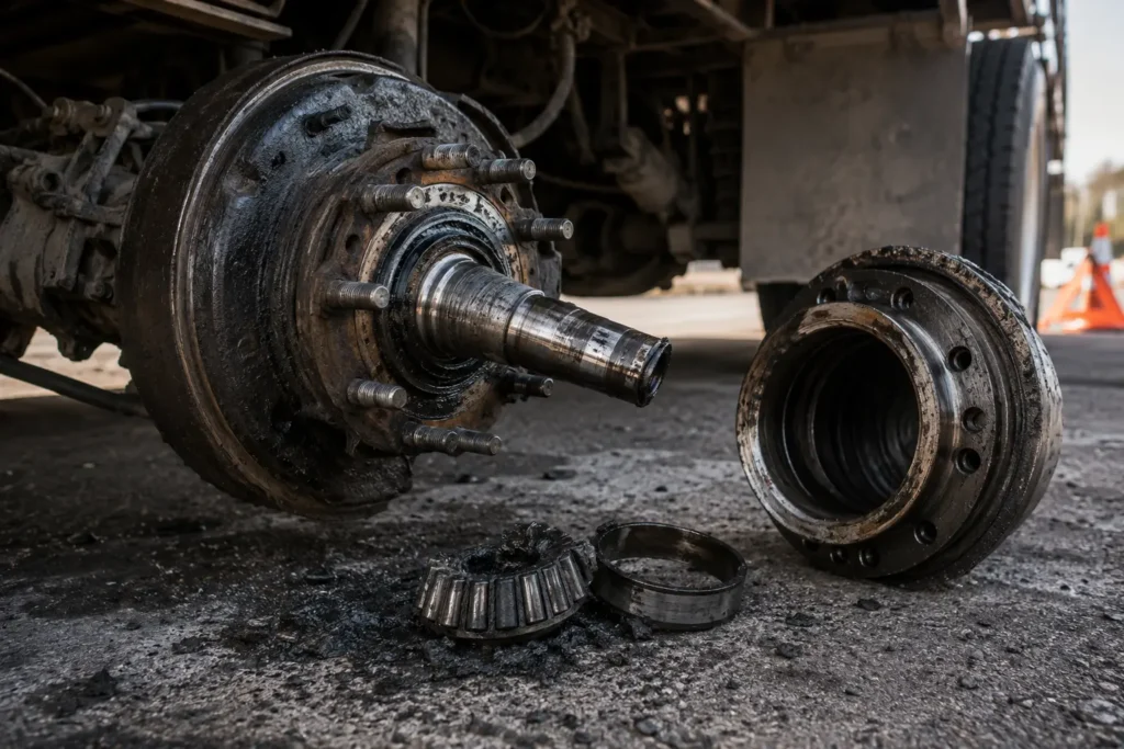 Close-up of a severely heat-damaged heavy-duty truck axle spindle after catastrophic wheel bearing failure, showing extensive scoring, metal transfer, and wear beneath a commercial trailer during maintenance inspection.