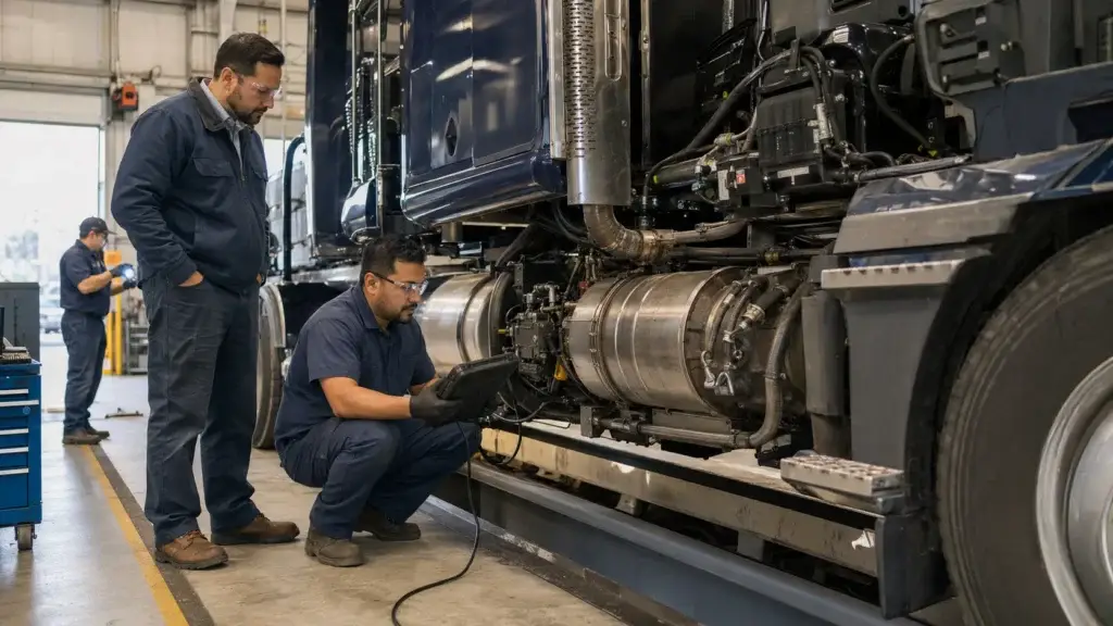 Diesel technicians inspecting the emissions control system on a heavy-duty truck using diagnostic equipment.