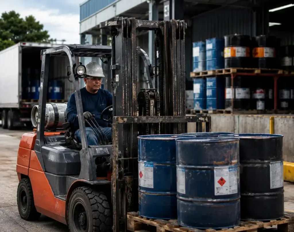 Industrial forklift operator transporting steel drums on pallets outside a commercial warehouse, wearing full safety gear while handling heavy materials in a busy industrial loading yard.