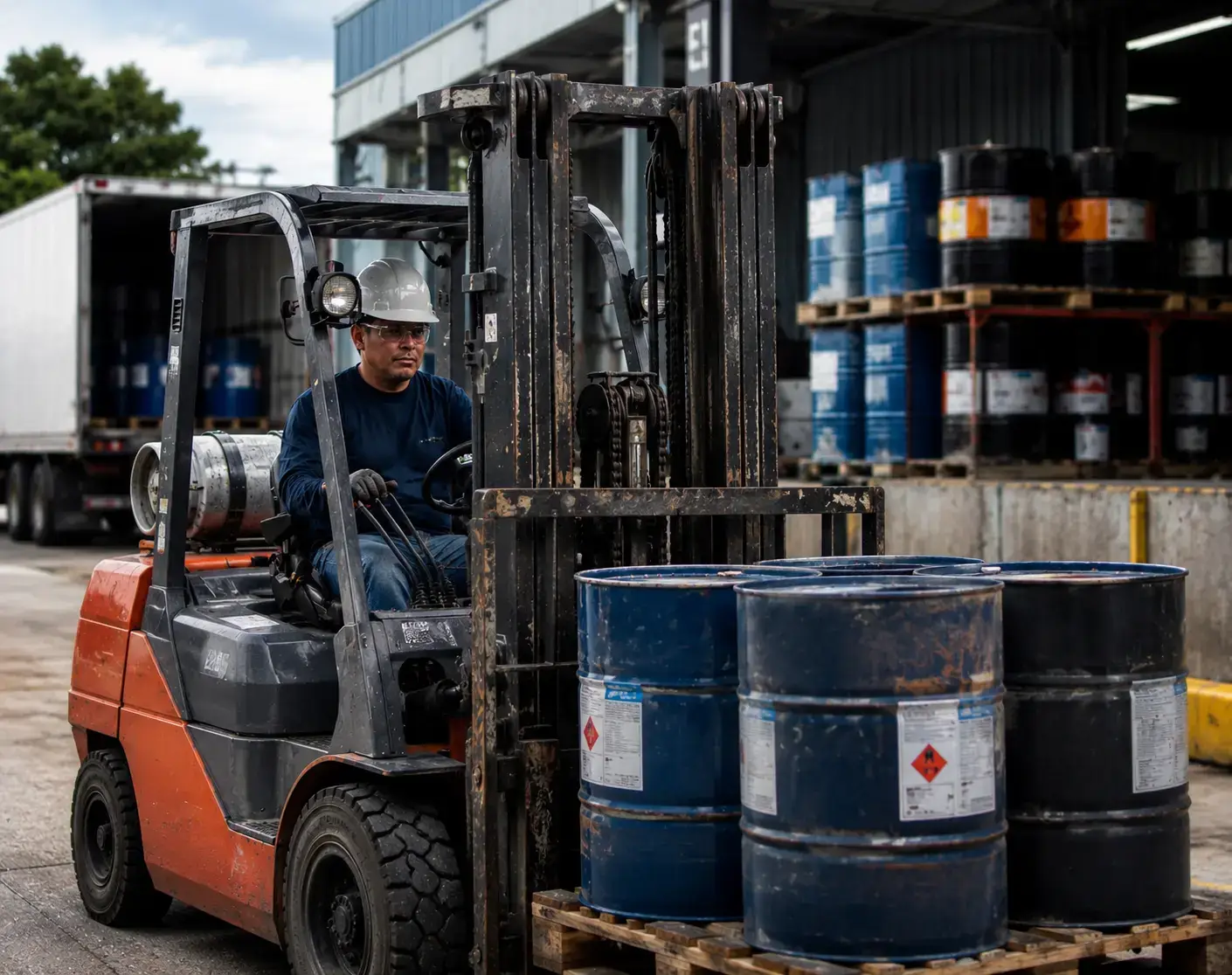 Industrial forklift operator transporting steel drums on pallets outside a commercial warehouse, wearing full safety gear while handling heavy materials in a busy industrial loading yard.