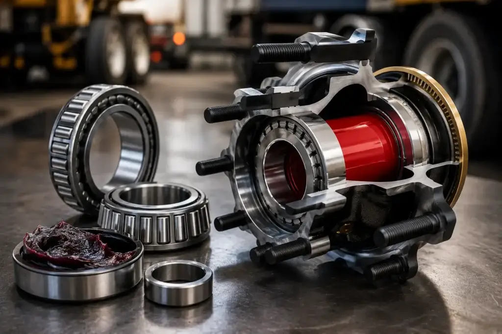 Cutaway view of a heavy-duty commercial truck wheel hub assembly with tapered roller bearings, bearing grease, and wheel-end components displayed on a workshop bench, illustrating proper wheel hub lubrication and maintenance.