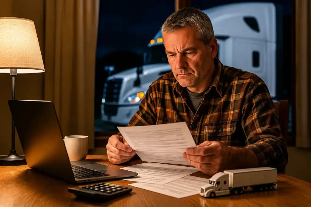 Professional owner-operator standing beside a modern Class 8 semi-truck at sunrise, reviewing trucking startup documents before launching a new interstate trucking business, representing the costs and process of obtaining FMCSA operating authority in 2026.