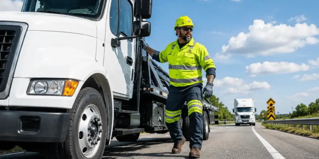 Heavy-duty roadside service technician beside a commercial service truck assisting a fleet vehicle during daytime on a major highway, representing managed fleet maintenance and emergency roadside support.