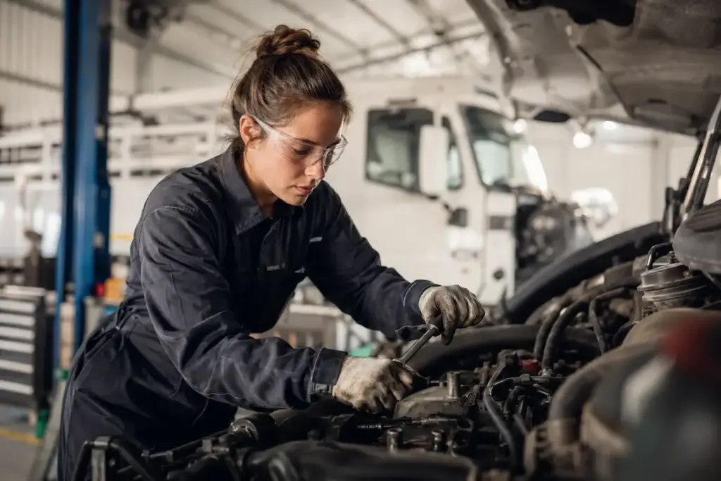 Female diesel technician performing engine diagnostics on a heavy-duty commercial truck inside a modern fleet maintenance shop, representing workplace inclusion, technician retention, and professional diesel repair.