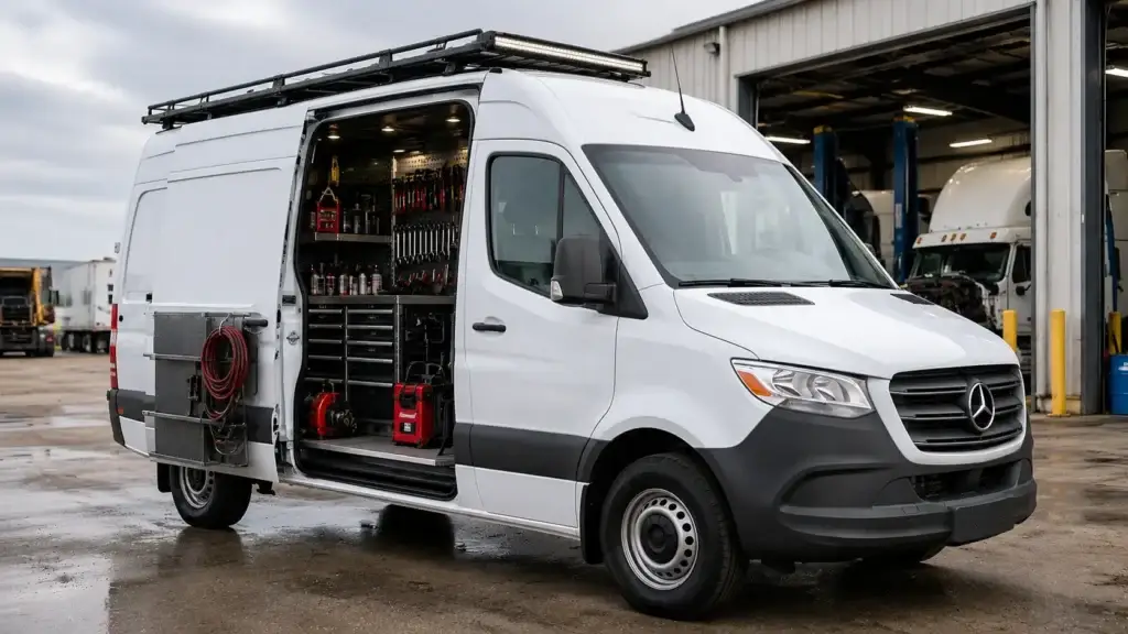 White Sprinter van upfitted as a mobile heavy-duty diesel service vehicle with organized tools and equipment outside a truck repair facility.